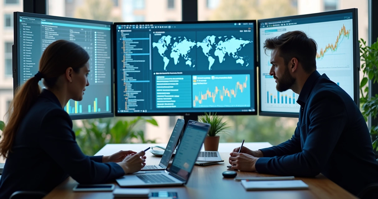 Equipe comercial utilizando dados e inteligência para prospecção B2B com múltiplas telas de análise e gráficos modernos