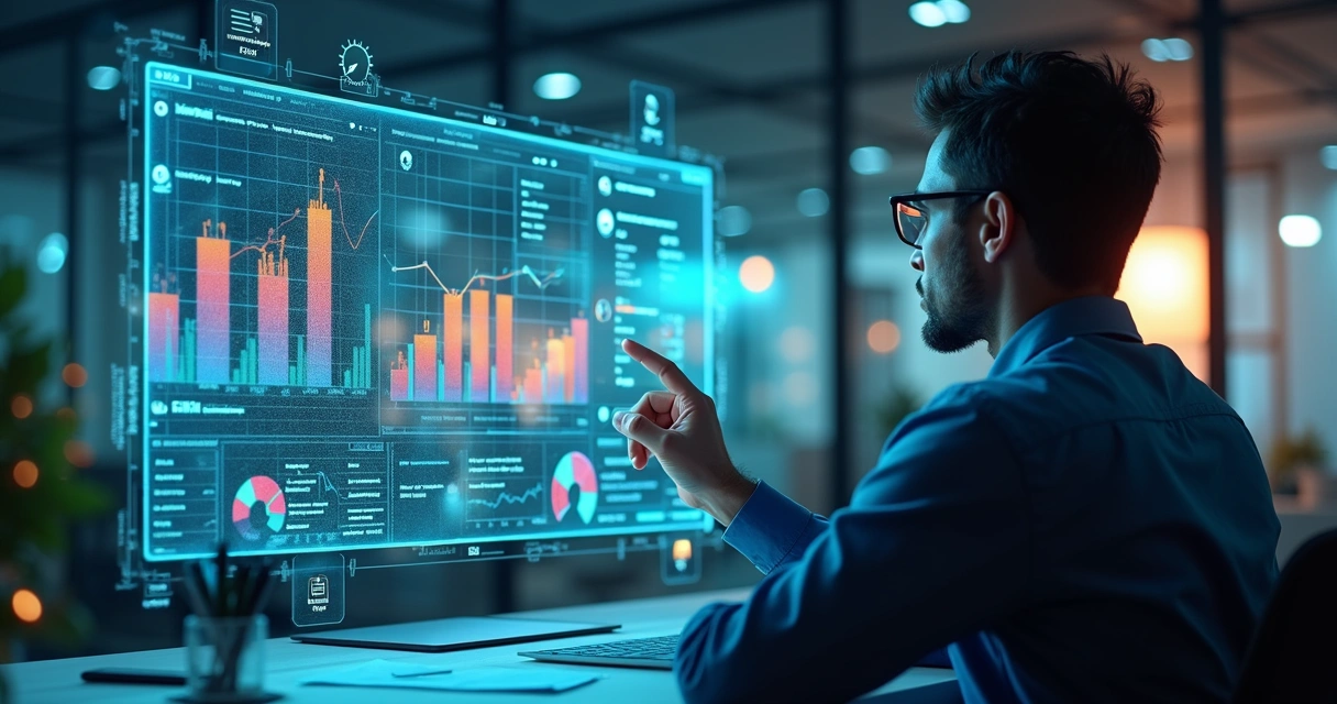 Profissional analisando gráficos de vendas em tela digital com elementos tecnológicos e dados de contatos no fundo