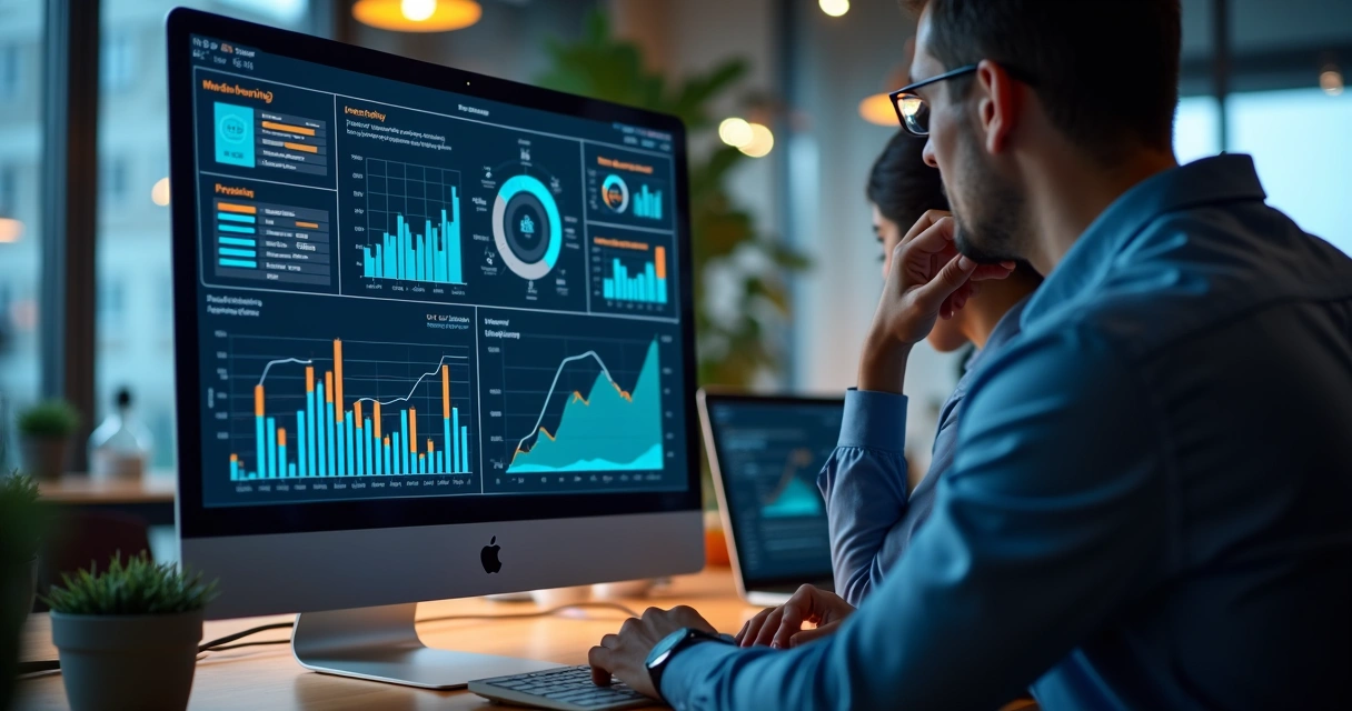 Profissionais revisando gráficos financeiros digitais em tela de computador moderno