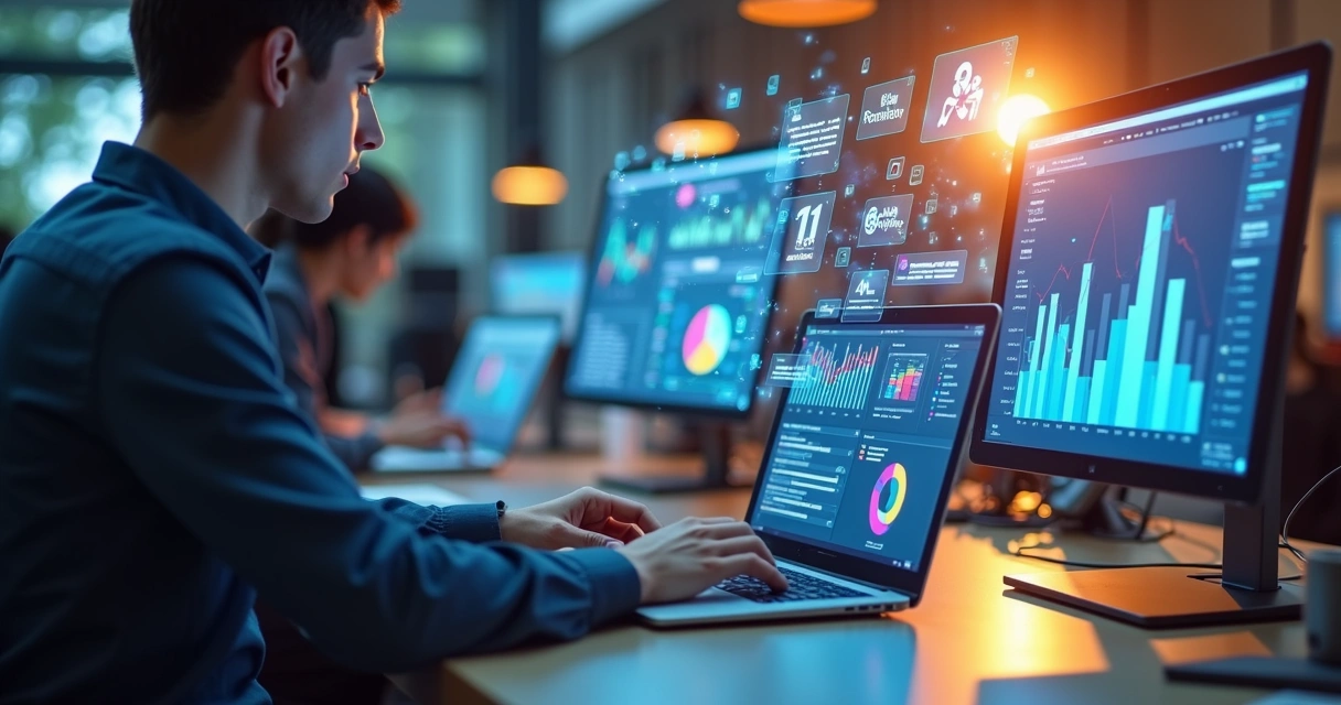 Profissional de vendas fazendo prospecção em computador com gráficos e dados ao redor