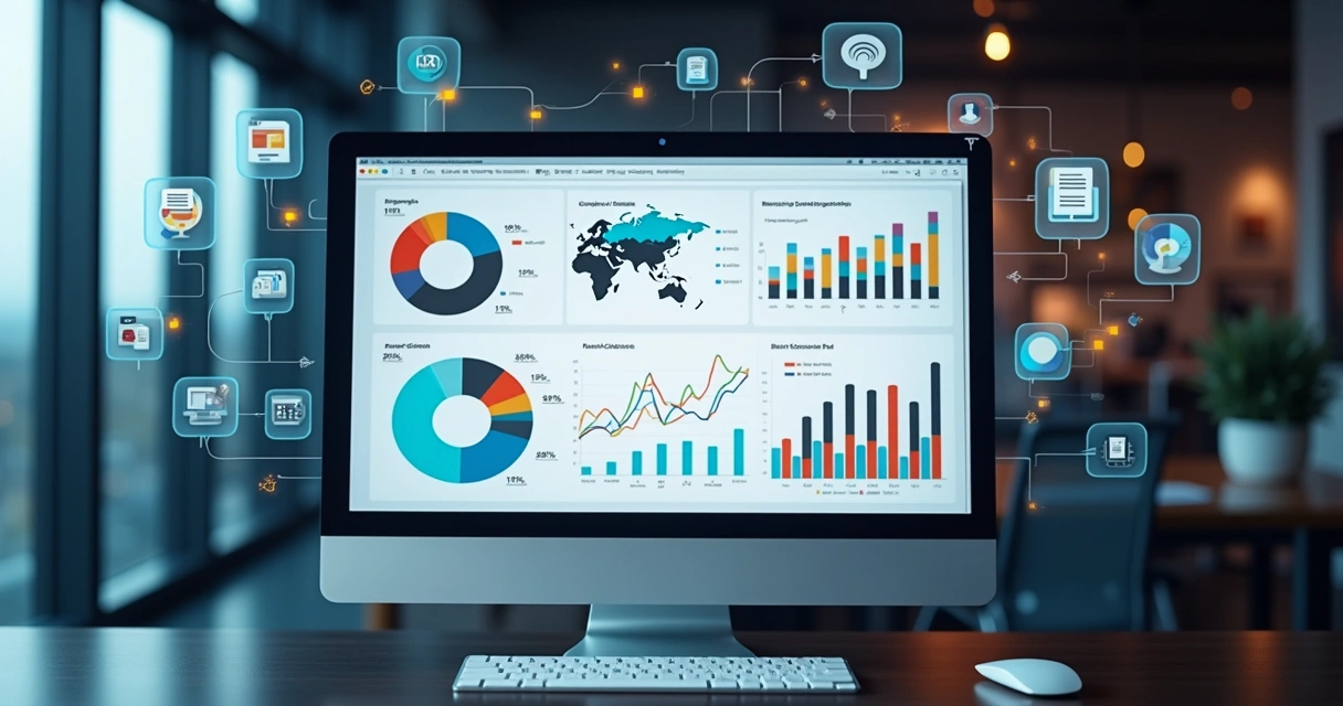 Tela de computador exibindo gráficos coloridos e dados segmentados, com ícones representando diferentes tipos de segmentação de mercado