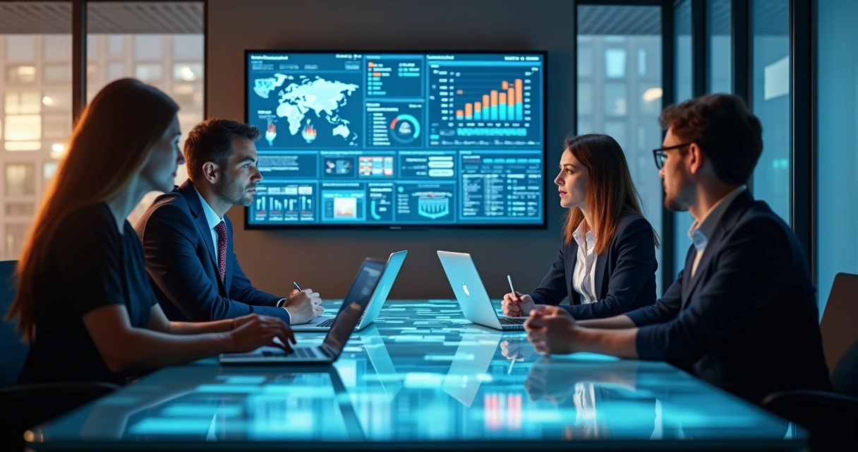 Equipe de vendas B2B analisando dados em telas digitais com gráficos e planilhas em ambiente corporativo moderno