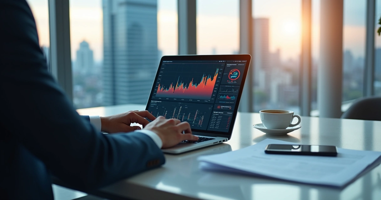 Vendedor B2B analisando dados em laptop moderno com gráficos e indicadores no escritório contemporâneo