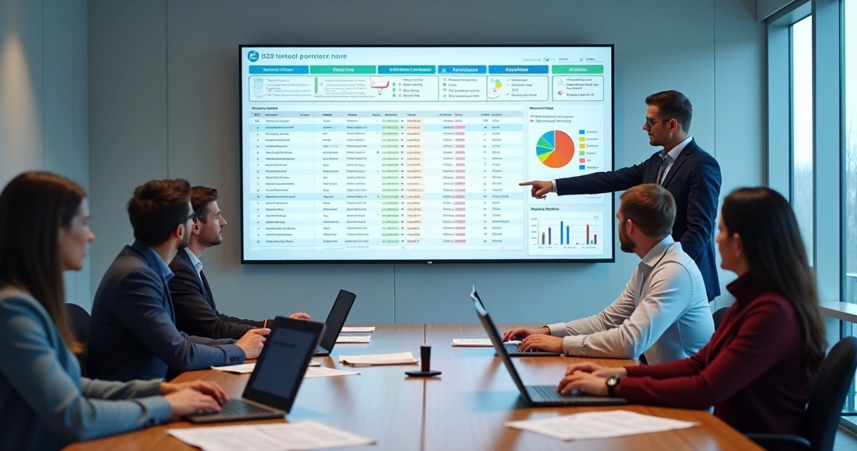 Equipe analisando painel com base de contatos B2B segmentada em computador gigante