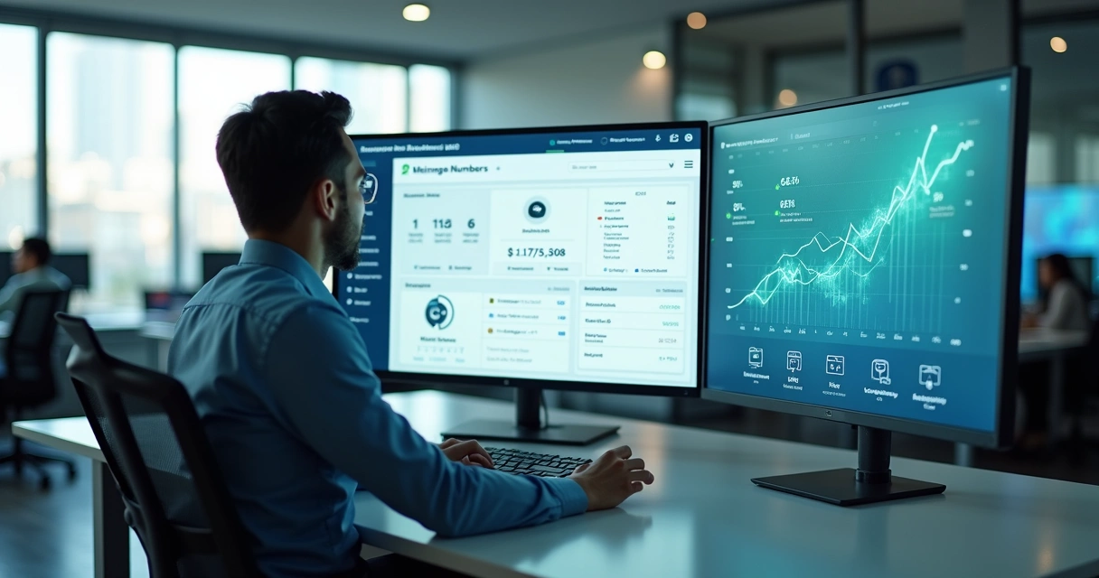 Profissional de vendas analisando busca por número de telefone B2B em painel de dados