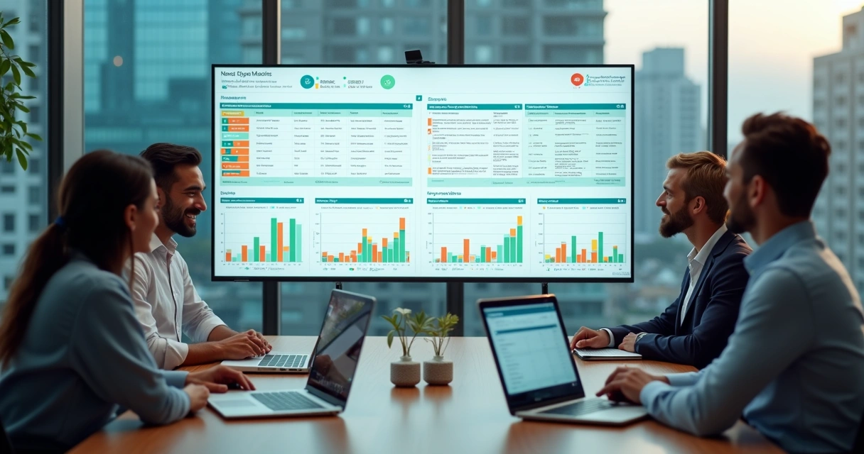 Equipe de marketing analisando painel de dados B2B em tela grande com gráficos e lista de contatos