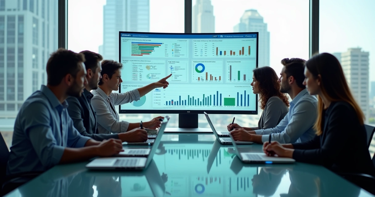 Equipe de vendas analisando painel de leads B2B com gráficos e dados em telas grandes