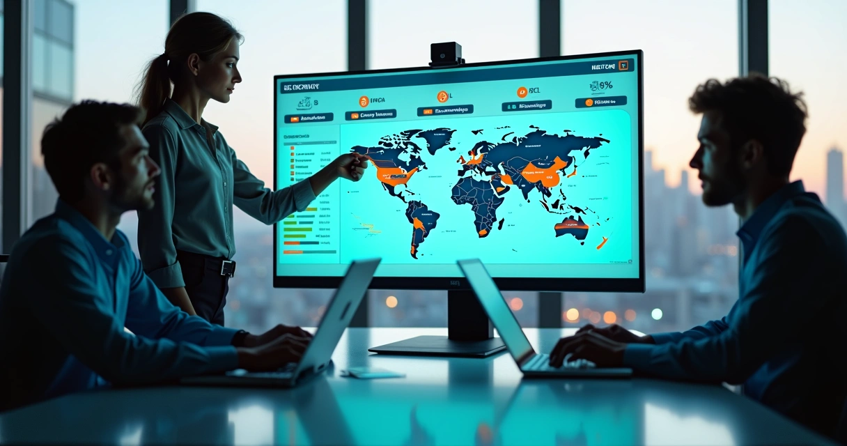 Equipe de vendas analisando painel de geração de leads B2B em tela grande