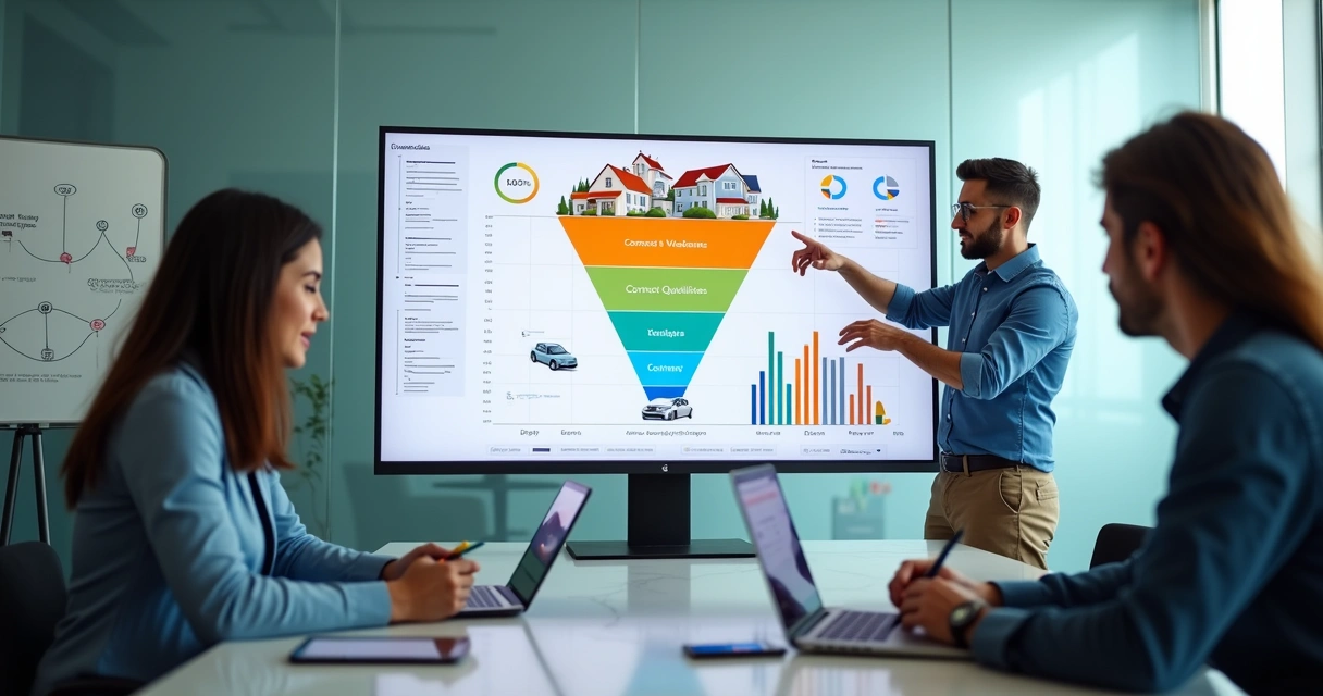 Equipe de marketing analisando painel de leads de consórcio em tela com funil de vendas digital