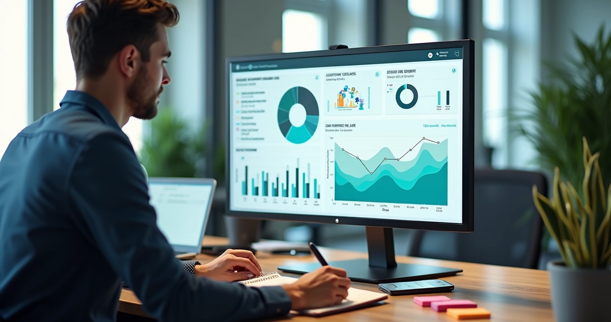 Gestor analisando dashboard digital com gráficos de base de clientes segmentada