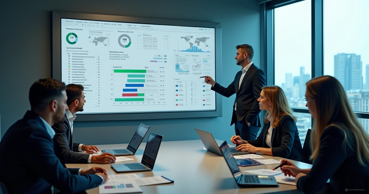 Equipe de marketing e vendas analisando painel de ICP com dados de empresas em tela grande