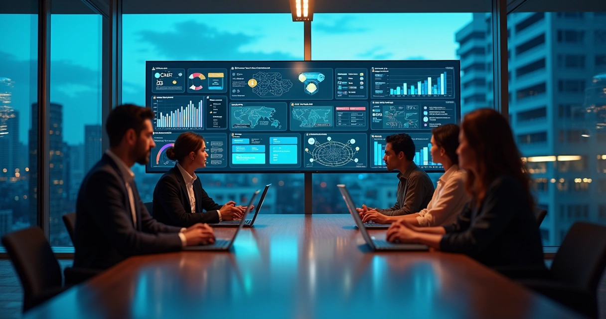 Executivos analisando painel de dados B2B com gráficos e funil de vendas em tela gigante