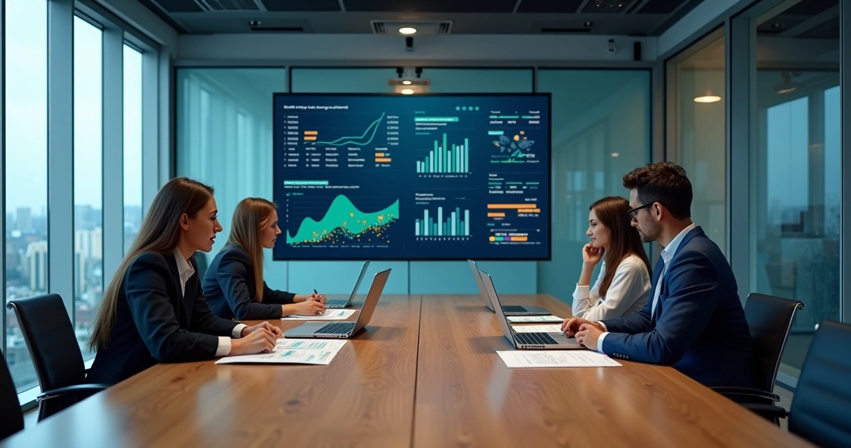 Painel de inteligência comercial com executivos analisando estudos de caso de vendas B2B
