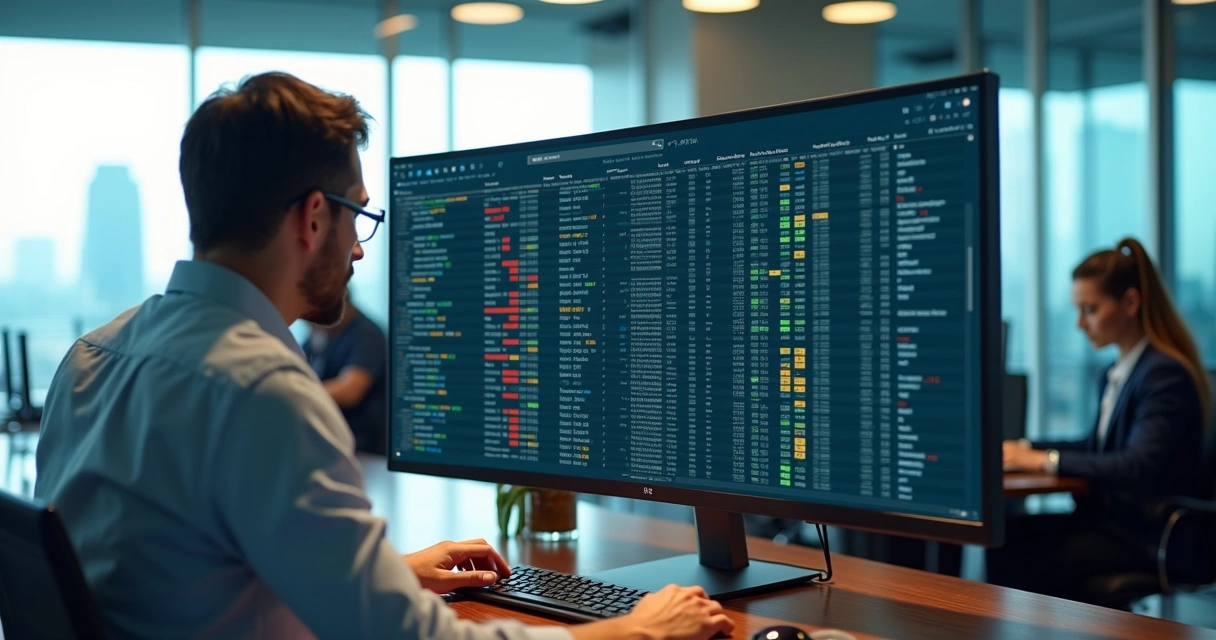 Profissional analisando painel de dados B2B com contatos sendo filtrados e corrigidos