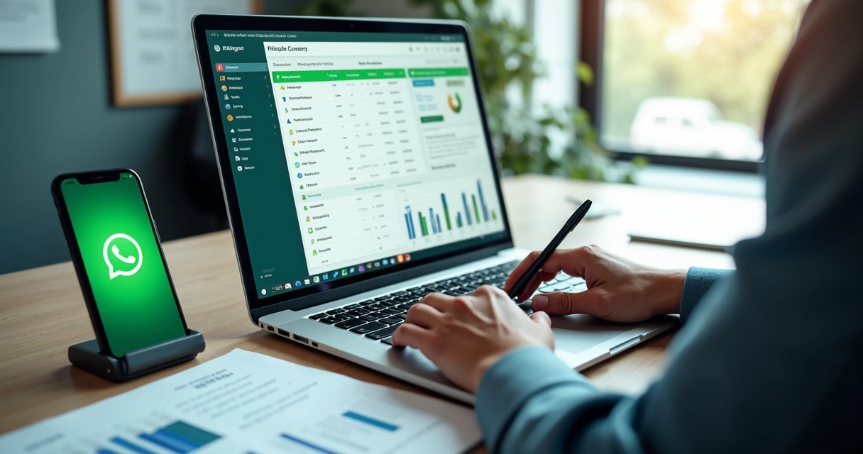 Profissional analisando lista de contatos de WhatsApp em painel de vendas B2B