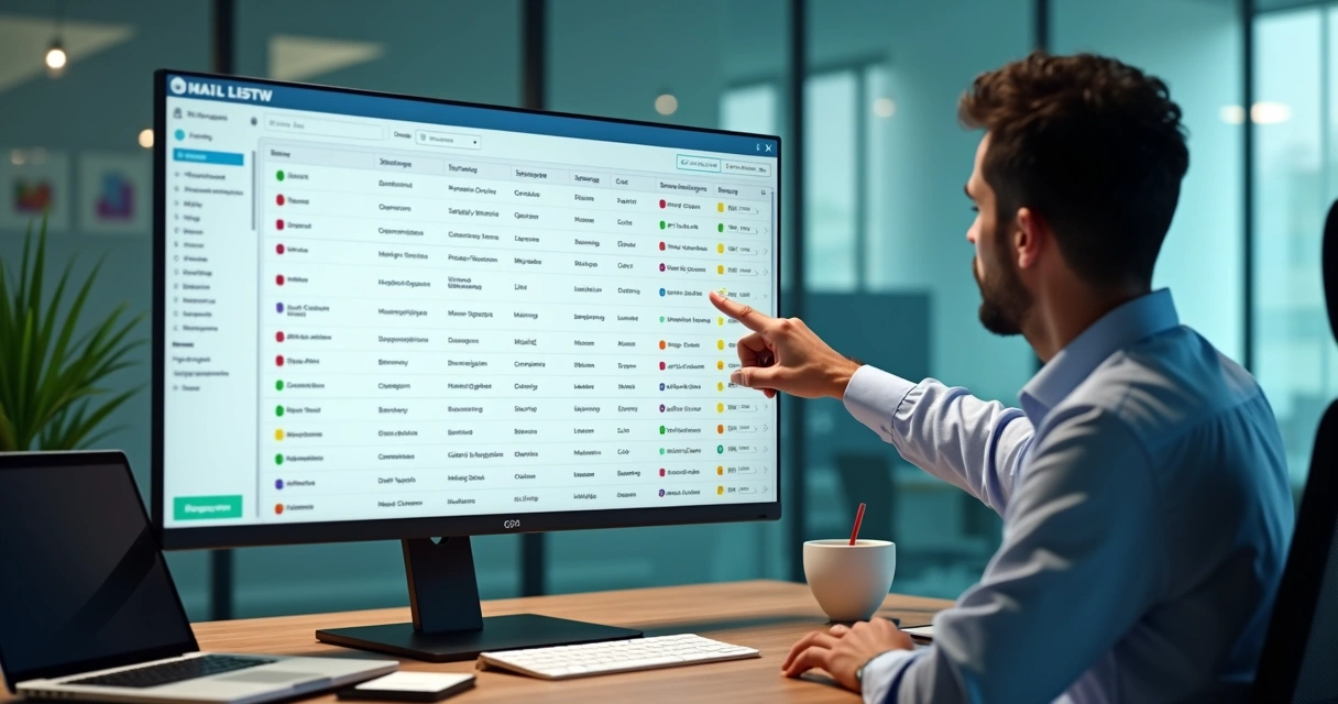 Profissional analisando lista de e-mails B2B qualificada em painel com gráficos e segmentações