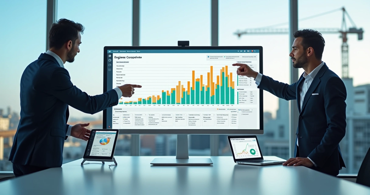 Profissionais analisando lista digital de empresas de engenharia com gráficos de dados B2B