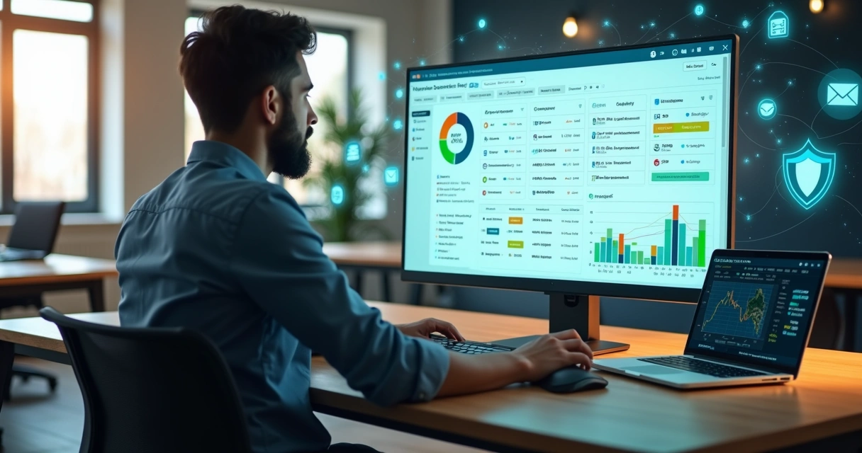 Profissional analisa painel com lista de empresas e segmentações B2B em tela ampla