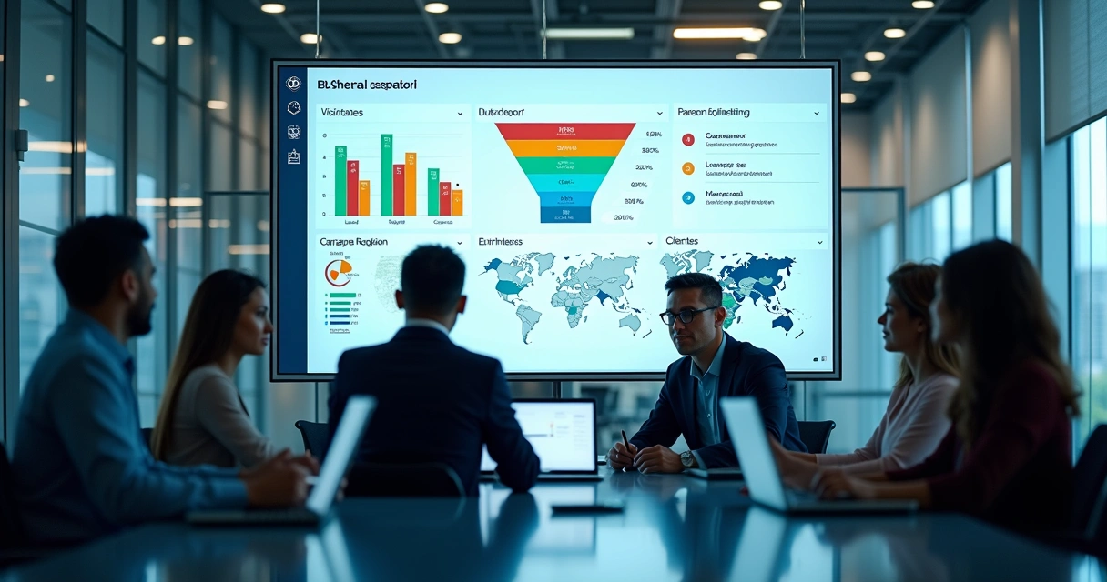 Dashboard de geração de leads B2B com funil de vendas, gráficos e equipe analisando dados