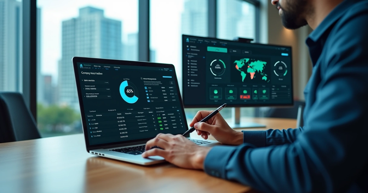 Profissional analisando pesquisa de telefone comercial em painel com dados B2B