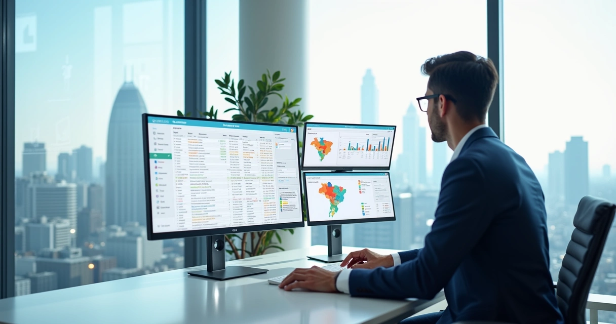 Profissional analisando painel digital com mailing segmentado e dados validados