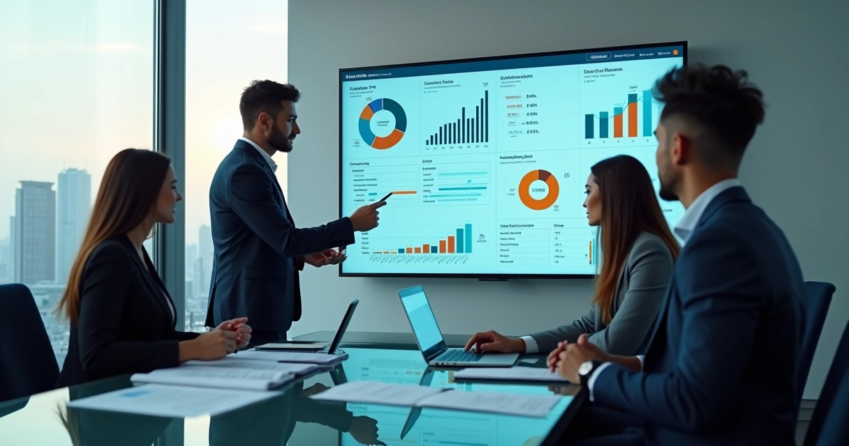 Equipe de vendas B2B analisando painel de dados em grande tela digital