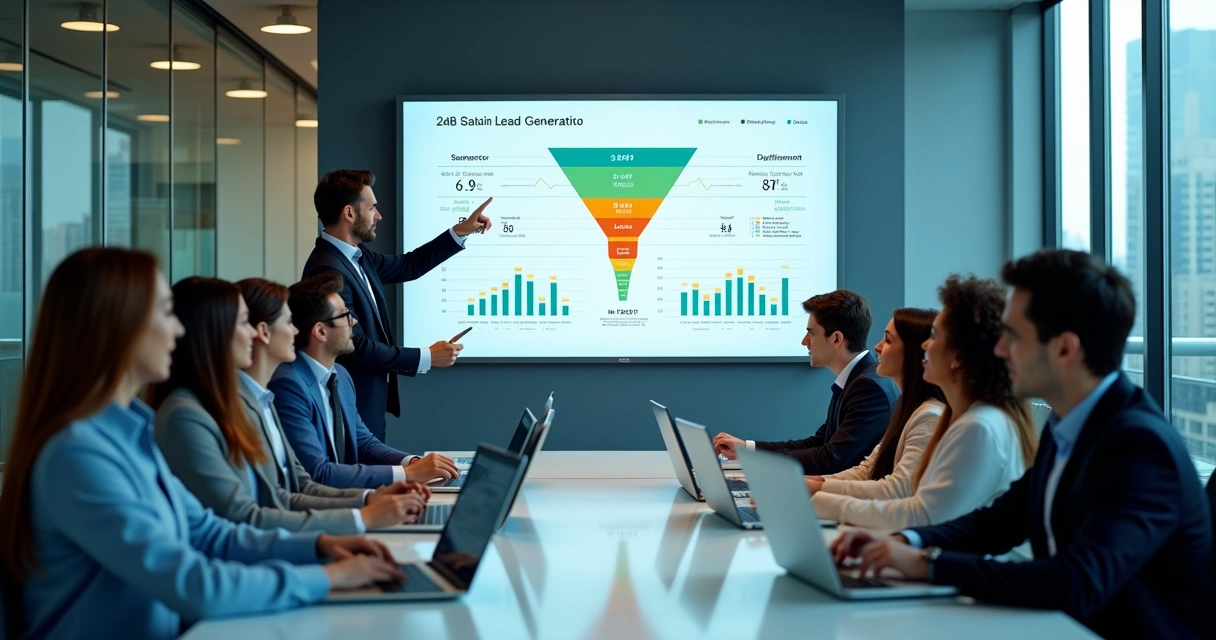 Equipe de vendas analisando painel digital com funil de leads B2B e dados em destaque