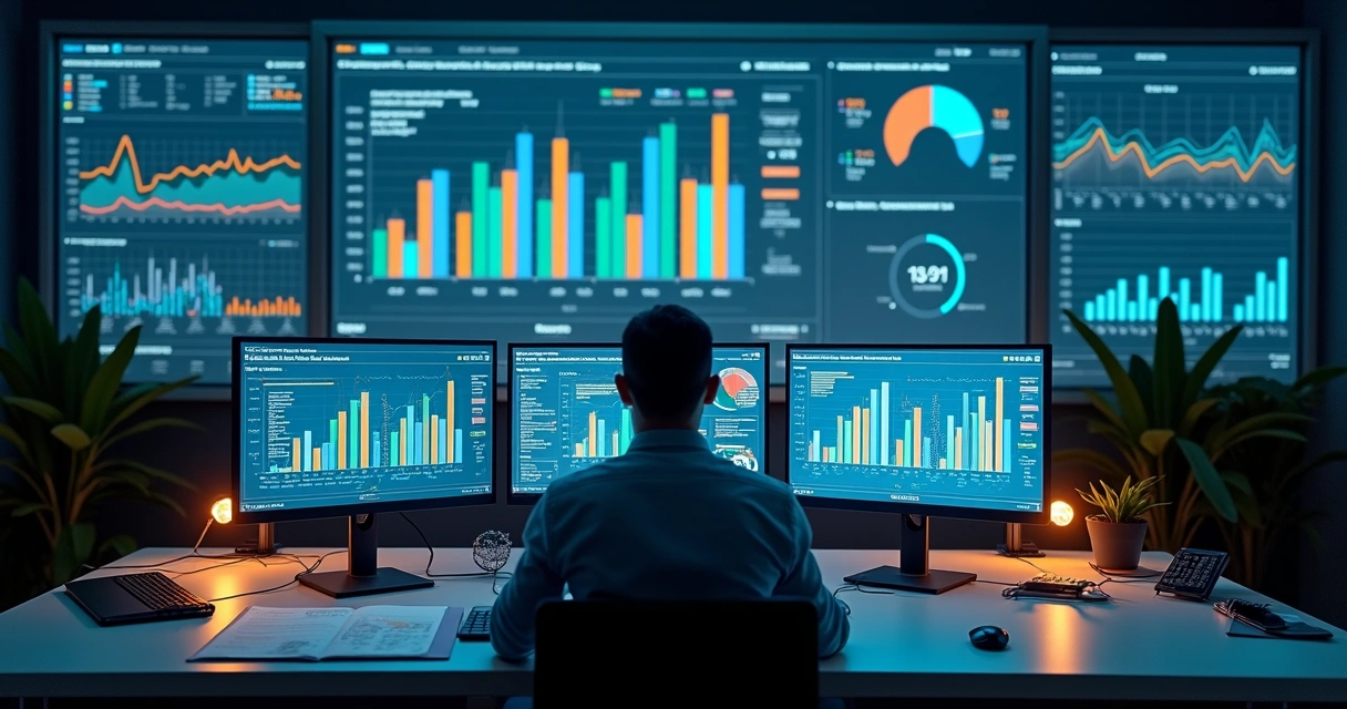 Analista de BI observando grande dashboard com métricas e gráficos coloridos
