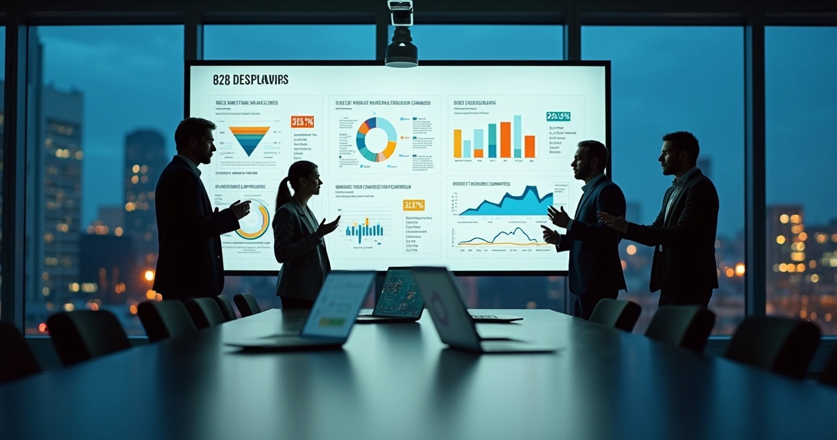 Mural com painéis comparando métricas de conversão SaaS B2B