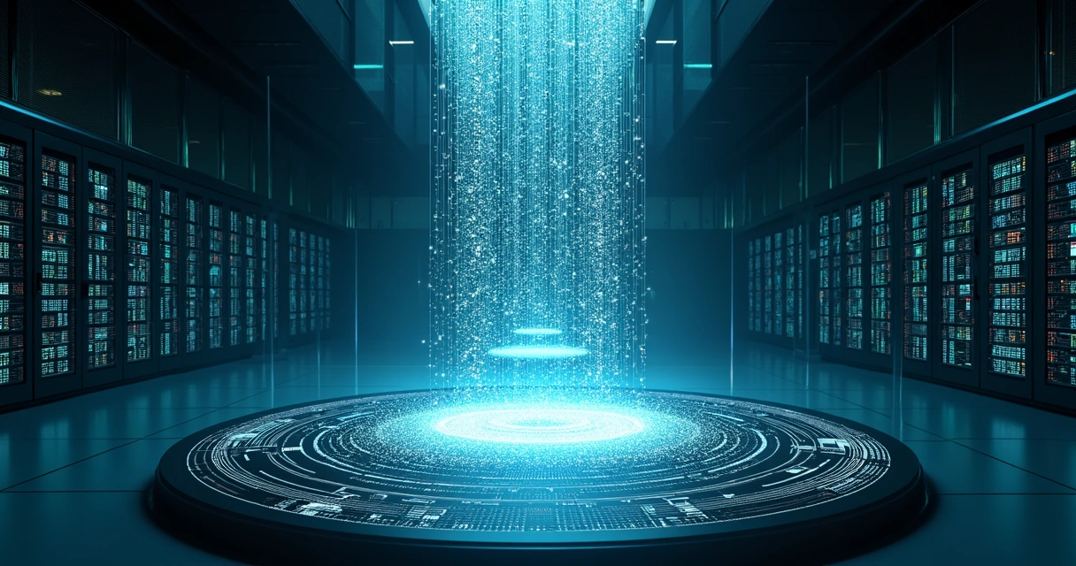 Fluxo de dados coloridos em cascata se transformando em gráficos organizados