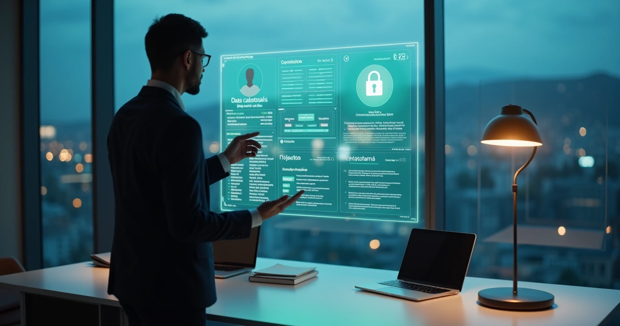 Profissional analisando painel digital com dados de CPF e selo de proteção de dados