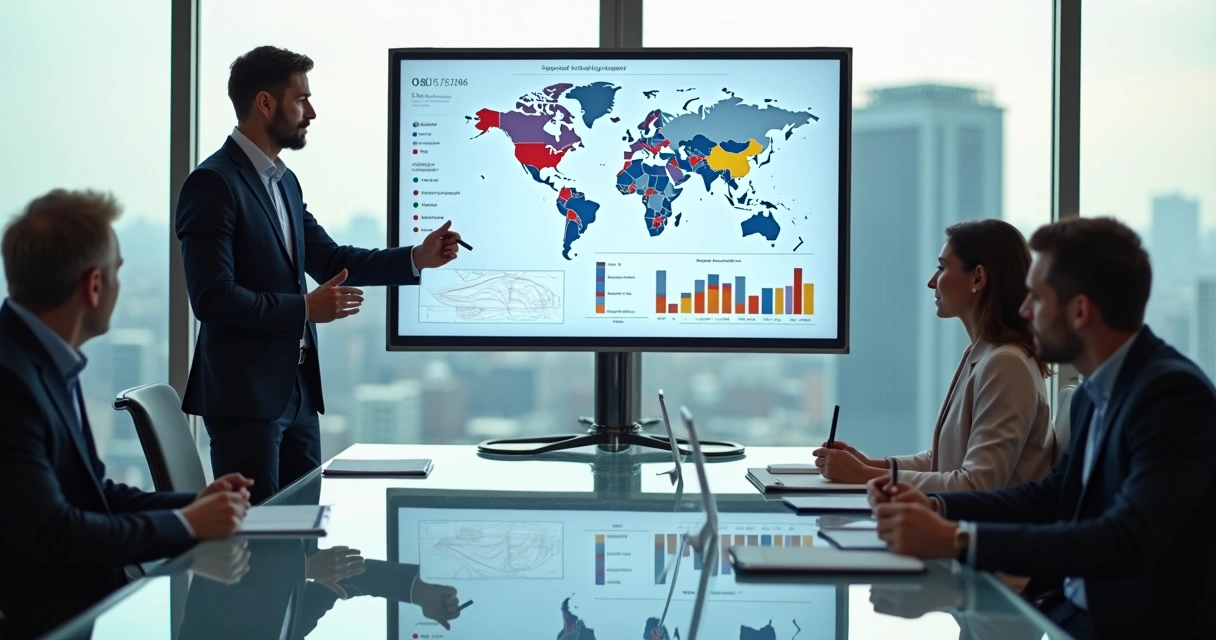 Consultor de vendas B2B orientando reunião estratégica com diretoria do cliente