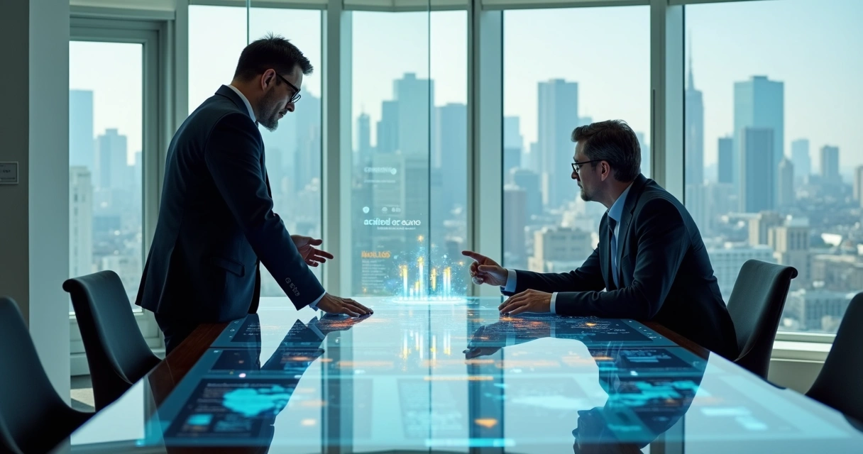 Consultor de vendas B2B apresentando diagnóstico de dados para gestor em sala de reunião moderna