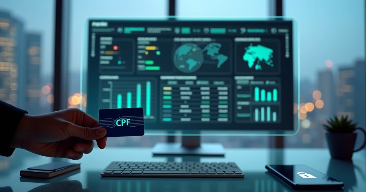 Mão segurando cartão de CPF sobre painel digital com dados empresariais e gráficos