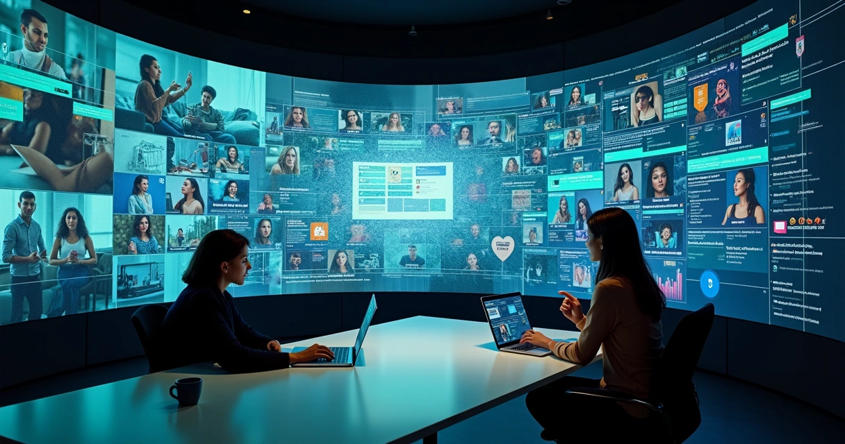 Mosaico digital com consumidores e dados B2C refletidos em tela gigante