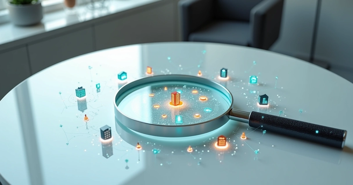 Lupa grande destacando dados B2B organizados em círculo com fundo tecnológico