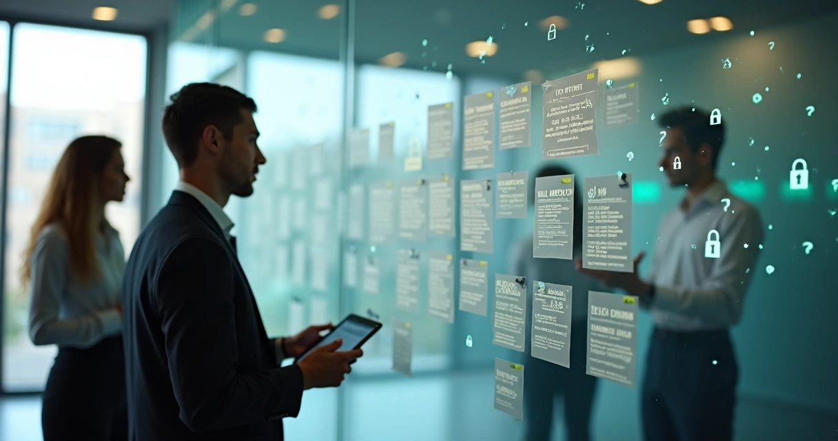 Equipe analisando mural de cartões de leads com telefones e cargos destacados