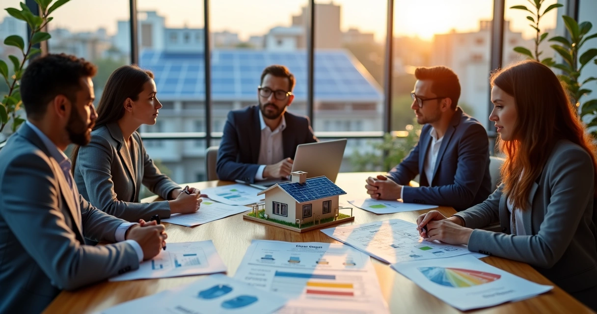 Equipe de energia solar planejando estratégia de geração de leads em frente a maquete com placas solares