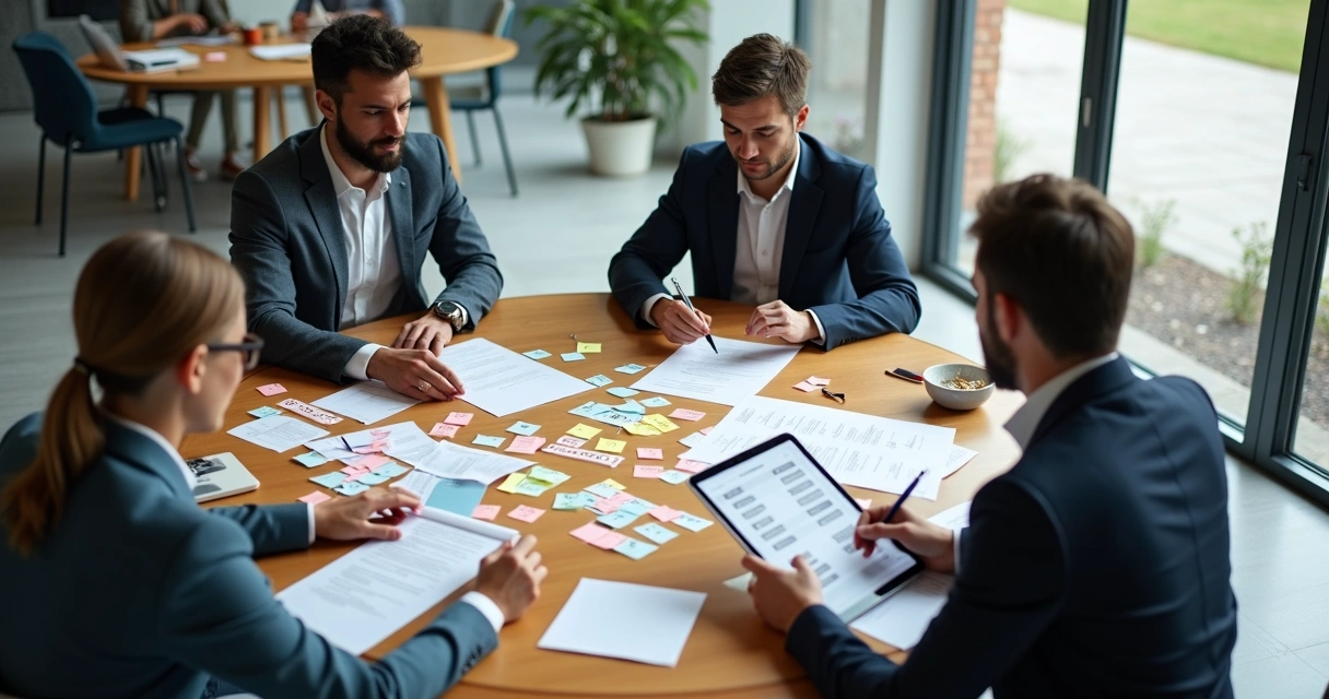 Equipe em mesa redonda organizando dados de mailing para cobrança com papéis e cartões coloridos