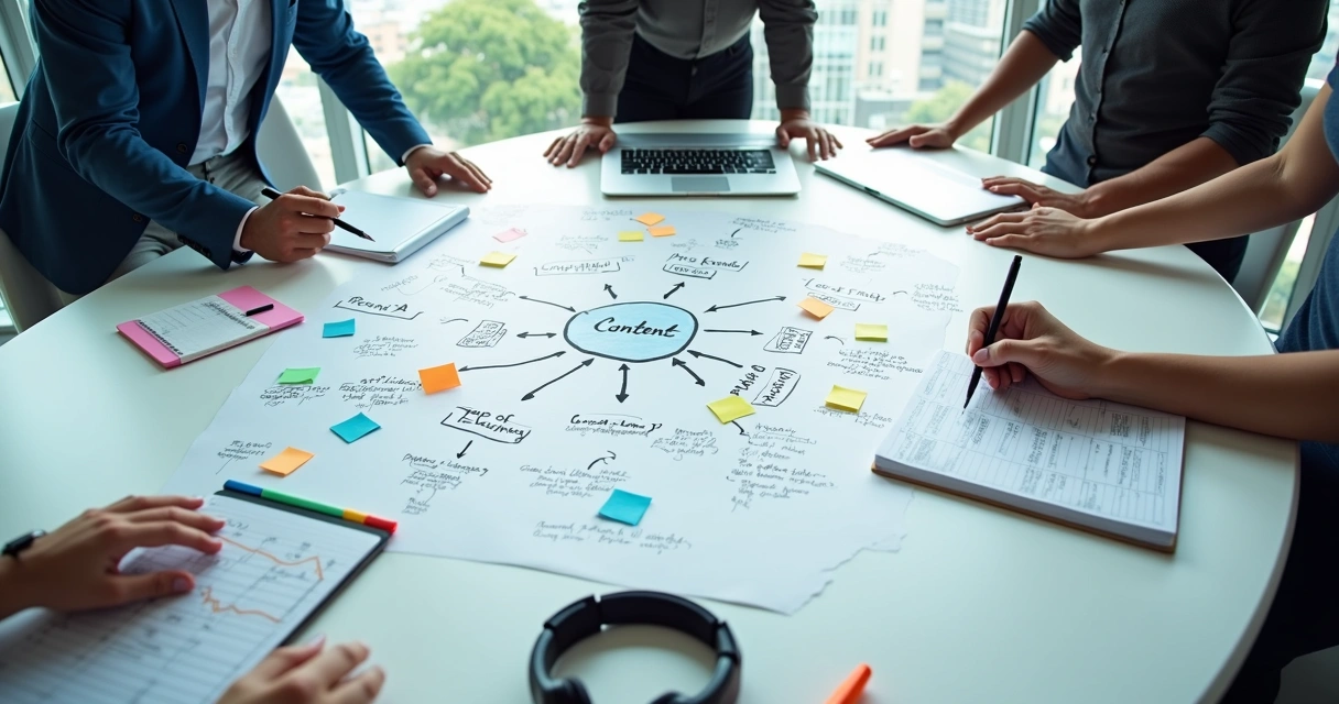 Mesa colaborativa com mapa estratégico de conteúdo SEO para SaaS B2B