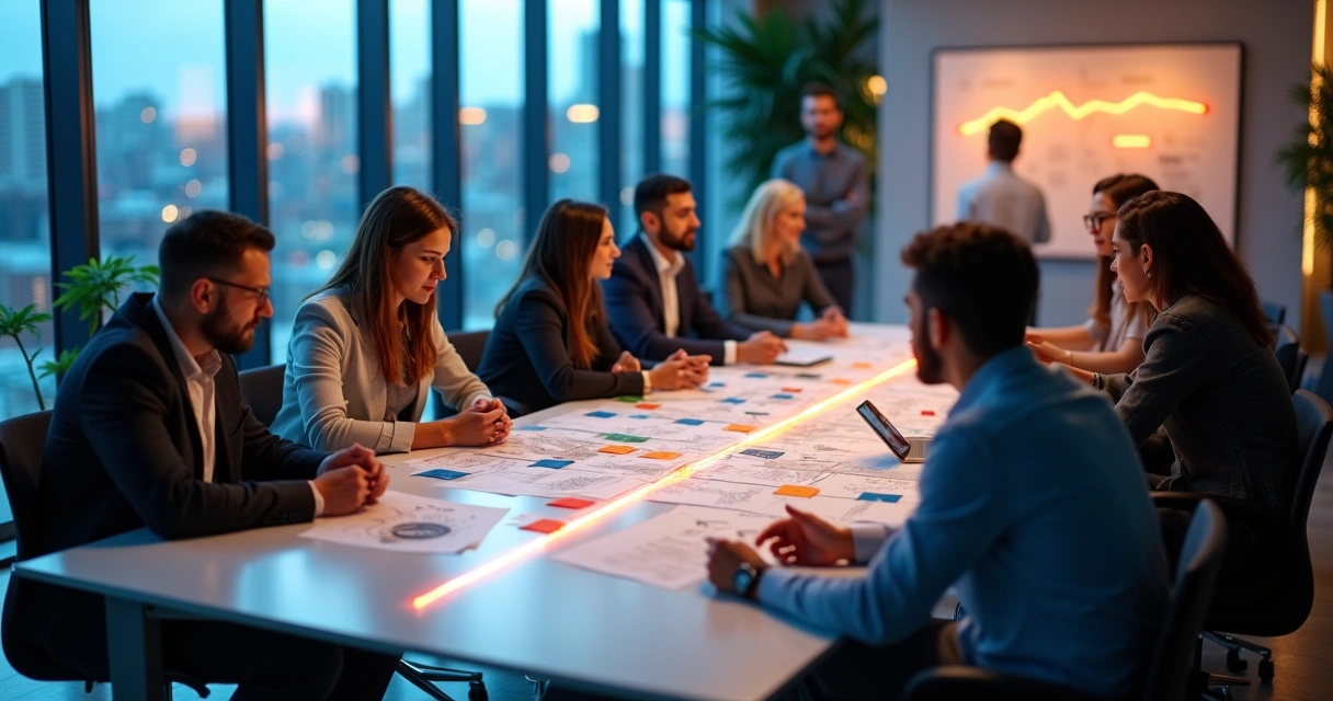 Equipe montando estratégia go-to-market SaaS em grande mesa em forma de seta