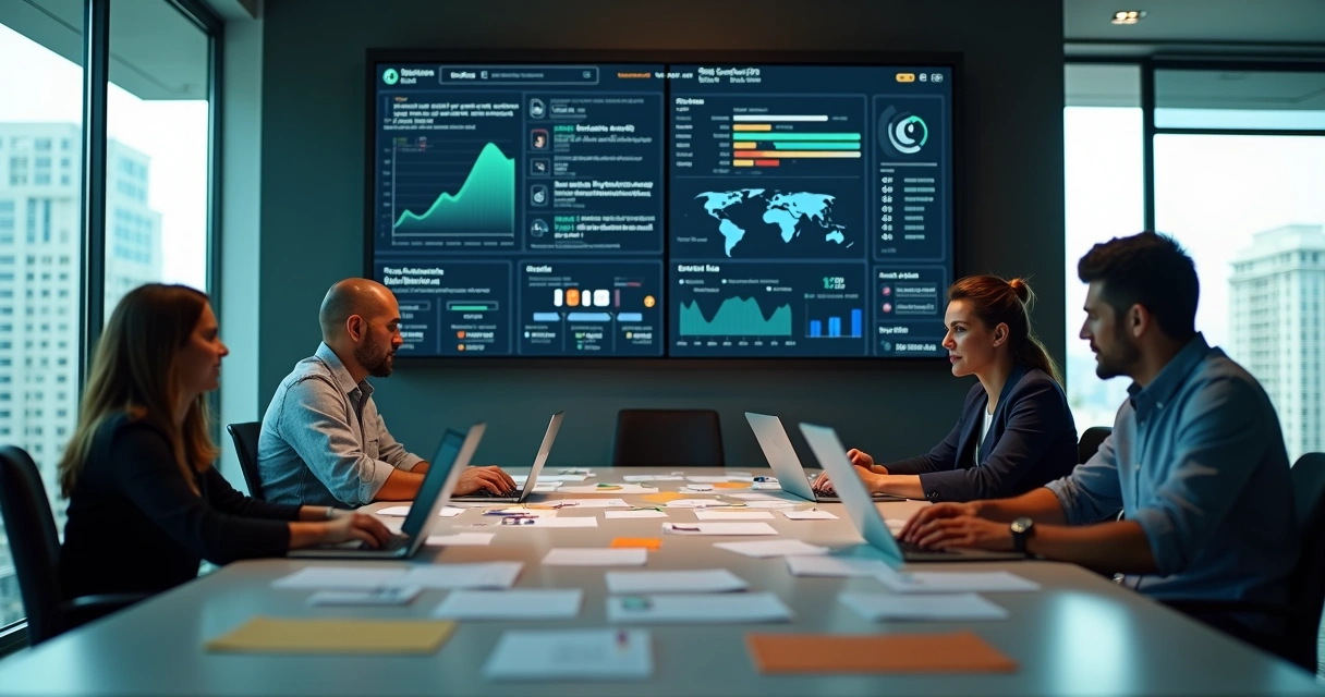 Equipe em mesa redonda planejando campanhas Google Ads B2B em um painel digital