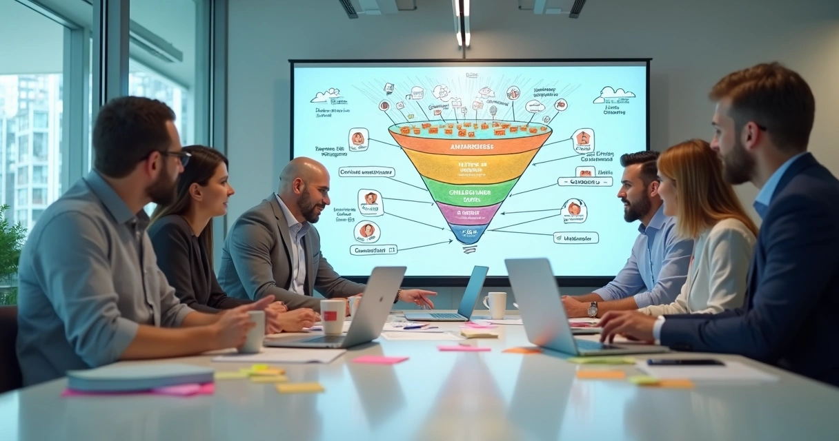 Equipes SaaS planejando funil de inbound marketing em mural com ícones digitais