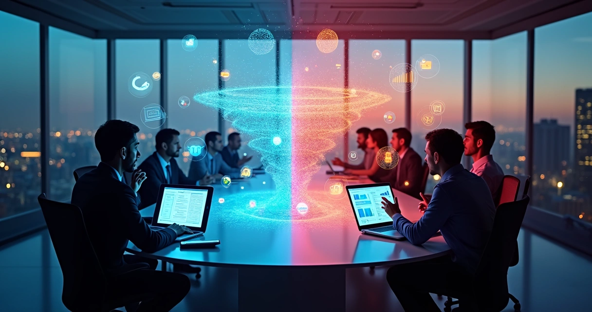 Conceito visual comparando estratégias inbound e outbound em vendas B2B em escritório moderno