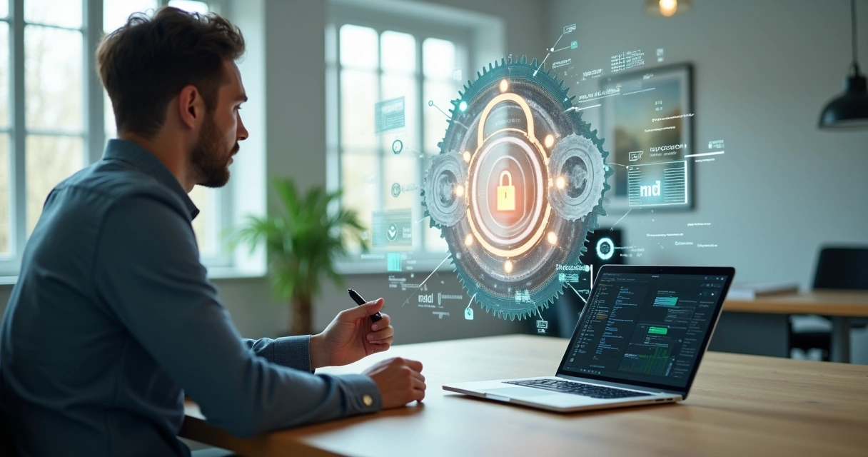 Profissional analisando engrenagens de dados conectadas a um cadeado digital