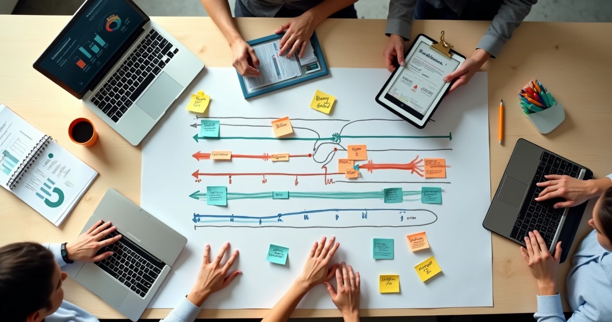 Mesa de equipe SaaS planejando funil de marketing B2B em cartões e fluxos desenhados