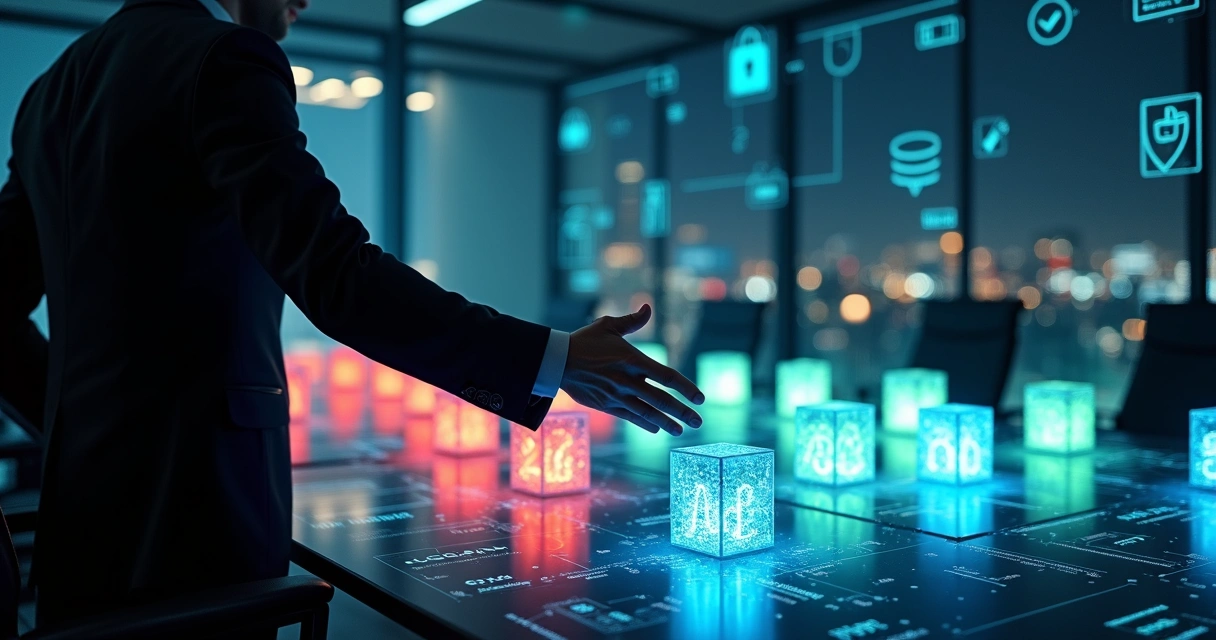 Executivo analisando blocos de dados B2B iluminados em sala escura
