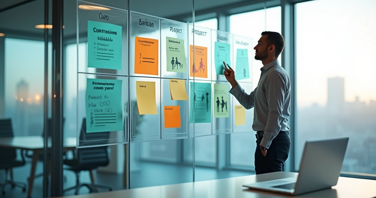 Profissional organizando cards de prospect lead e cliente potencial em quadro visual com ícones de dados B2B