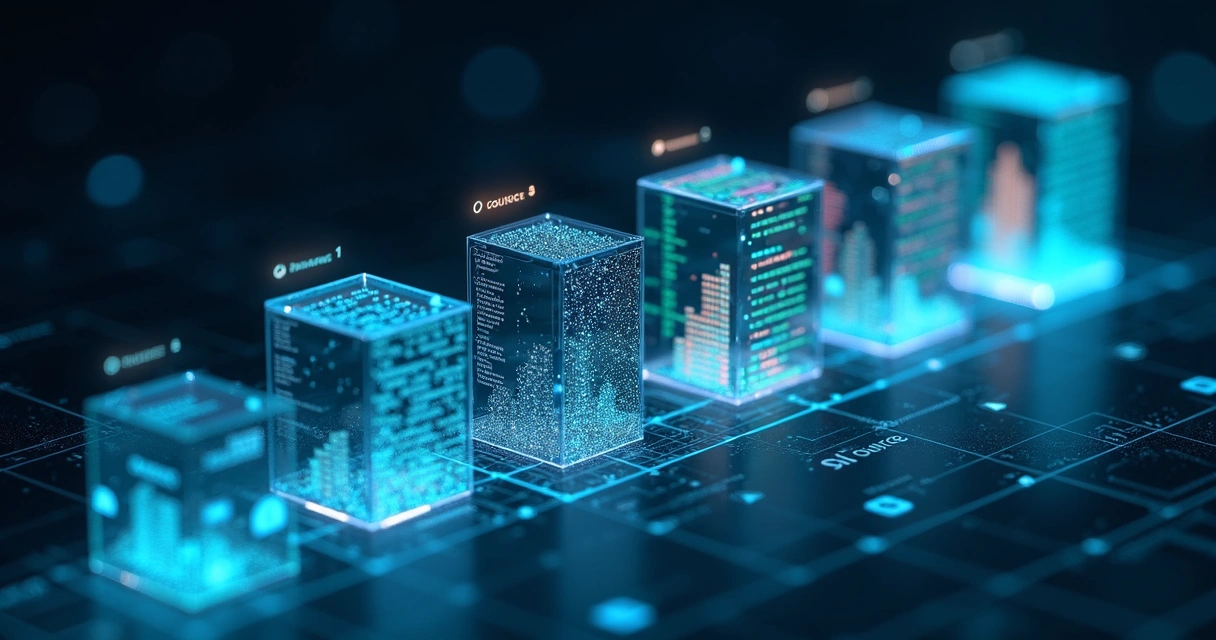 Fluxo digital em camadas mostrando dados empresariais sendo enriquecidos em sequência