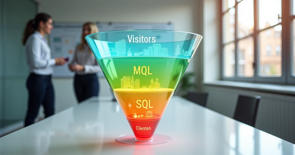 Funil B2B colorido destacando etapa de MQL com ícones de leads qualificados